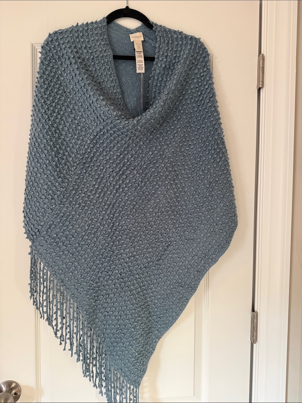 Chico's Light Blue Knit Fringe Poncho Wrap